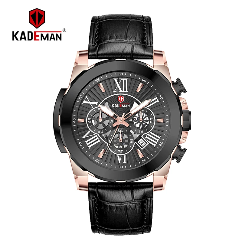RGB-W-B Роскошные Брендовые мужские часы KADEMAN, 6 стрелок, с хронографом, календарем, римскими цифрами, модные мужские кожаные кварцевые наручные часы 848 - Цвет: RGB-W-B