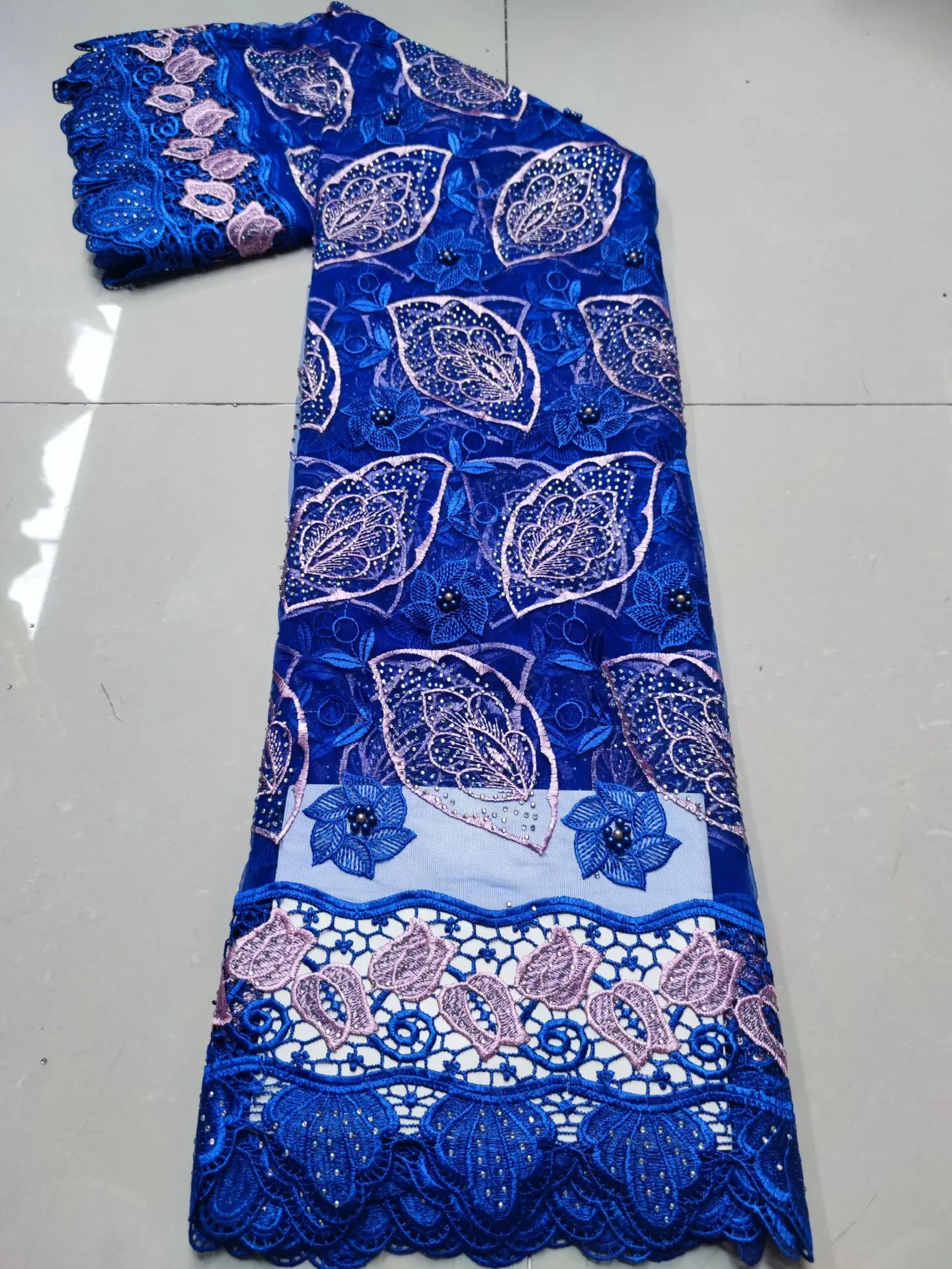 

Royal Blue 2021 African Cord Lace Fabrics Embroidery French high quality lace Guipure Cord lace fabric with Stones Beads