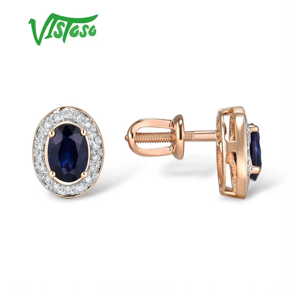 VISTOSO Pure 14K 585 роза/серьги из Белого Золота Шпилька для женщин Элегантный синий сапфир сверкающие бриллианты уникальные модные ювелирные изделия