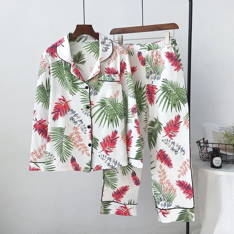 Свежие листья пижамы для женщин 2020 осень стежка пижамный комплект спальный