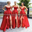 Красное Атласное ТРАПЕЦИЕВИДНОЕ ПЛАТЬЕ подружки невесты с высоким разрезом, женское длинное платье подружки невесты, платье для гостей свадьбы
