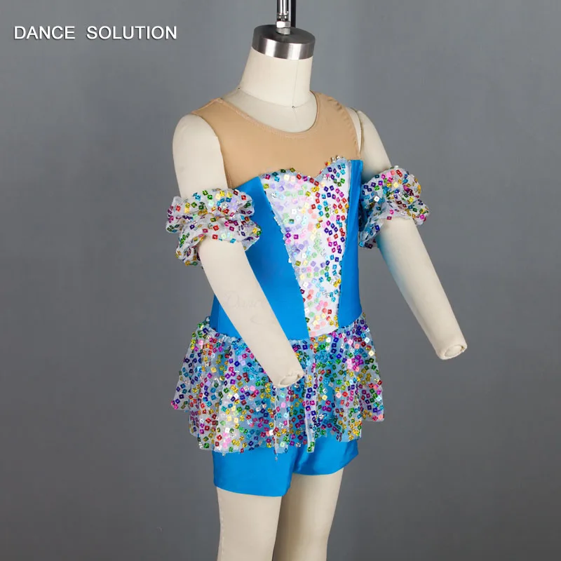Синий лиф из спандекса с разноцветными блестками и трико юбкой Sparking танцевальная