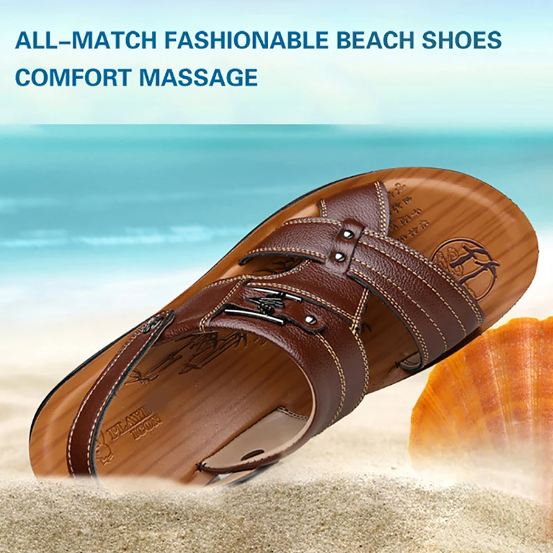 2023 New Men Sandals Split Leather Men Beach Shoes Roman Men Casual Shoes Men Slippers Sneakers Summer Outdoor Shoes Flip Flops