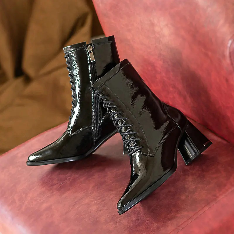 

2021 Autumn Winter Genuine Leather Women's Ankle Boots Platform Chunky Heels Women Shoes Party Office Lady Shoes Woman Heels