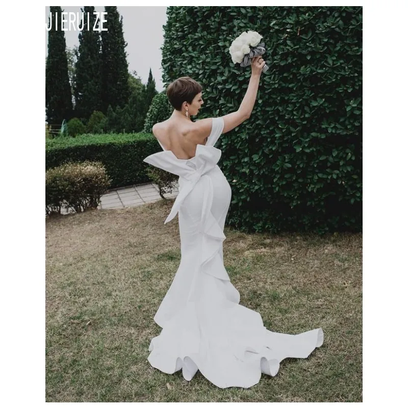 Женское атласное свадебное платье с открытыми плечами и бантом|Свадебные платья|