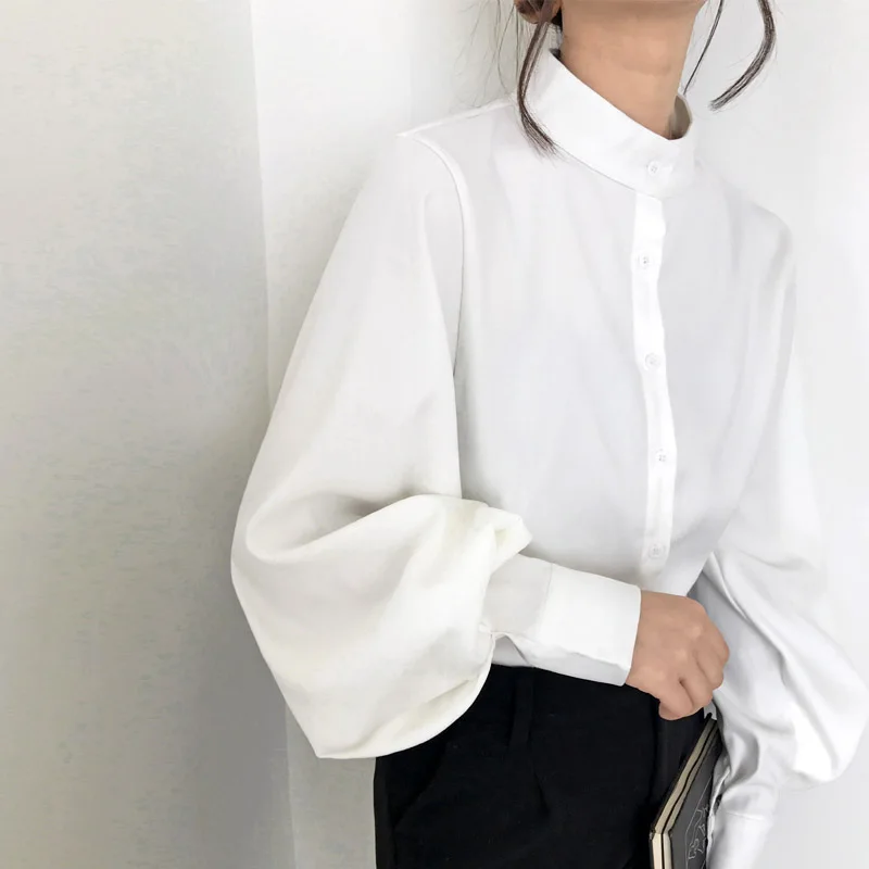

Women Spring Big Lantern Sleeve Blouse Casual Single Breasted Stand Collar Shirts Office Work Blouse Solid Vintage Blouse Shirts