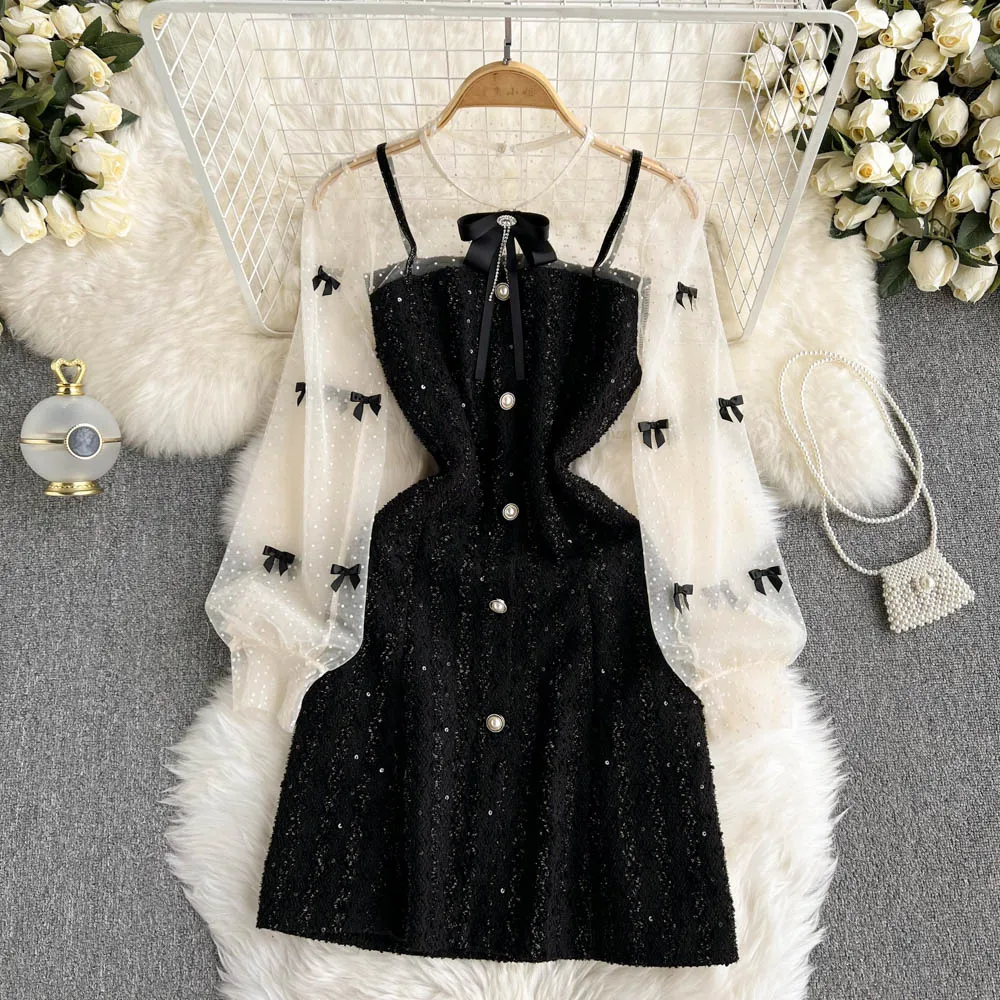

C314 Women New Fashion Autumn Round Neck Bow Mesh Perspective Long Sleeve Short A-line Dress Elegant Vintage Sweet Vestidos