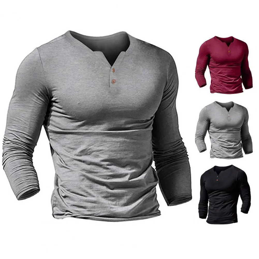 

Anti-shrink Simple V Neck Male Fall T-shirt Leisure Men T-shirt Placket for Work