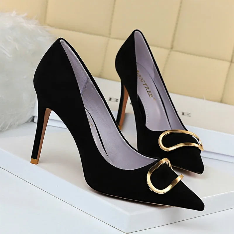 

New Plus Size Sexy Women Pumps Shoes Solid Flock Pointed Toe 9cmHigh Heels Metal-belt-buckle Club Female Shoes34-43 Four Seasons