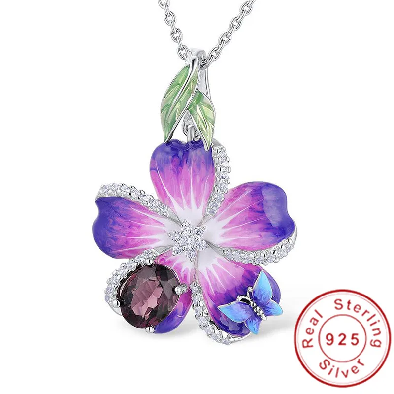 

Bohe Flower Pendant Real 925 sterling silver bijou Pave cz Luxury Wedding Pendants with necklace for women Bridal Jewelry