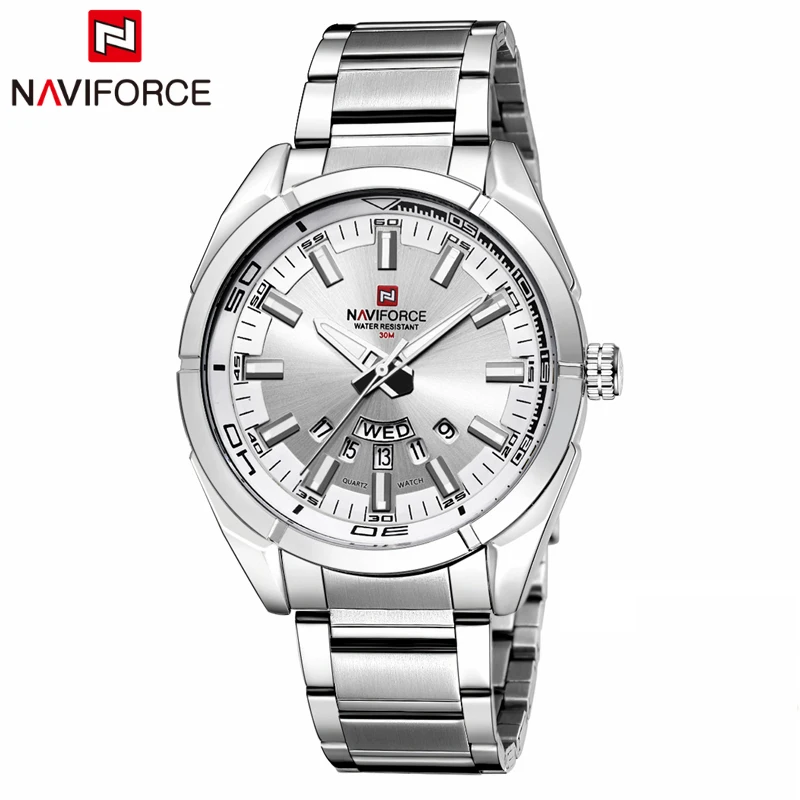 Silver White NAVIFORCE брендовые роскошные часы для мужчин спортивные Кварцевые 30 м водонепроницаемые мужские часы нержавеющая сталь Дата наручные часы Relogio Masculino - Цвет: Silver White