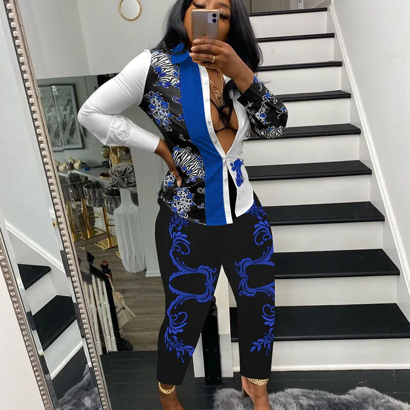 

Винтажный комплект из 2 предметов для женщин, осенняя одежда, рубашка с отложным воротником и пуговицы, топ и брюки, комплекты вечерние Ринок...