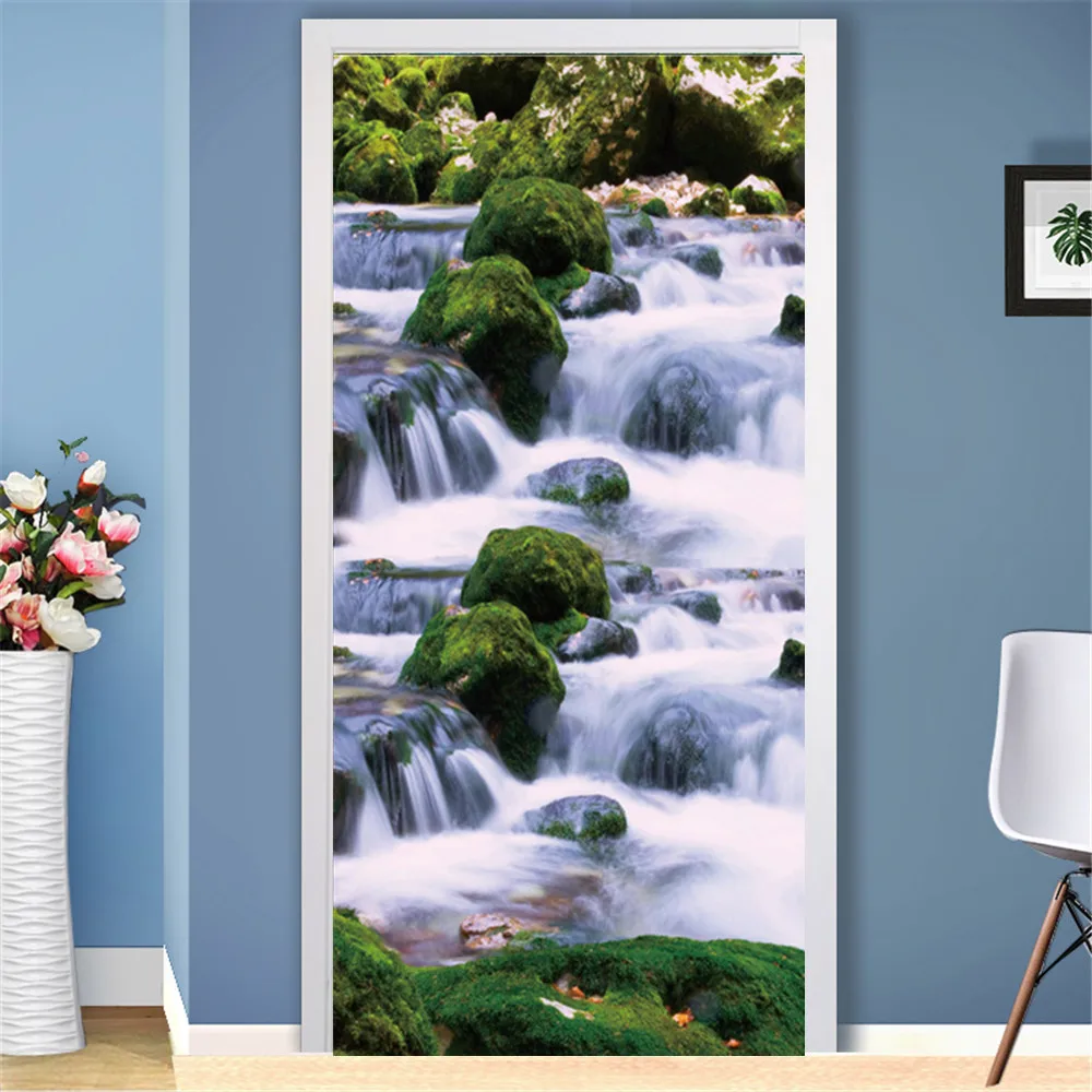 

PVC Self-Adhesive Waterproof Door Sticker Modern Stone Flowing Water Mural Wallpaper Living Room Bedroom Door Poster Home Decor