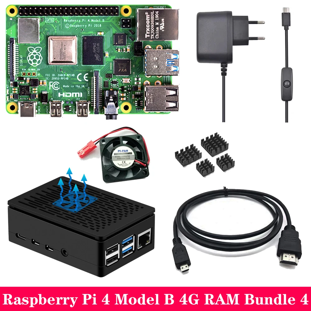 Raspberry Pi 4 2 ГБ 4 ГБ ОЗУ с ABS чехол источник питания алюминиевый теплоотвод Micro HDMI кабель для Raspberry Pi 4 Модель B Pi 4B Pi4 - Комплект: Комплект 4