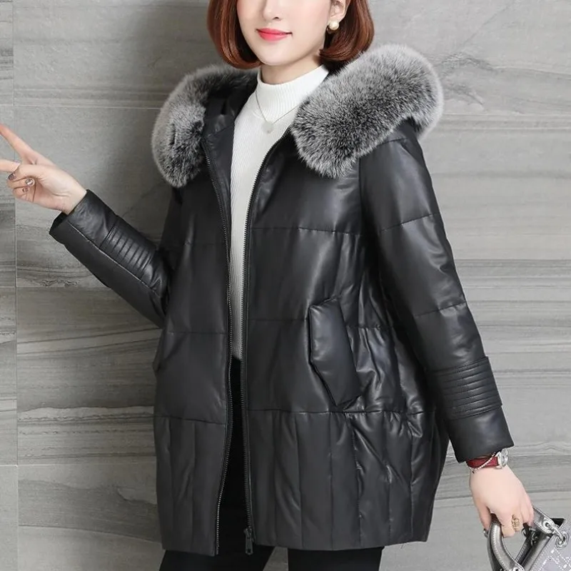 100% женский пуховик из натуральной кожи высокого качества повседневное короткое