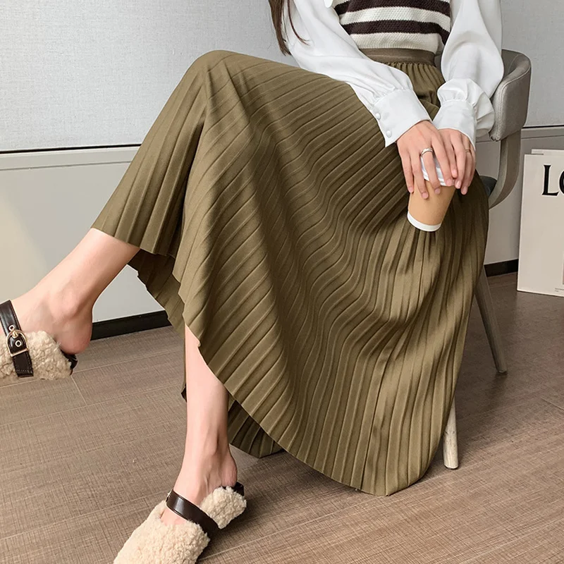 Pleated Skirts Women Retro High Street Vintage Elegant Casual Elastic Waist Midi Skirt Korean Fashion Empire Faldas Largas Mujer images - 6