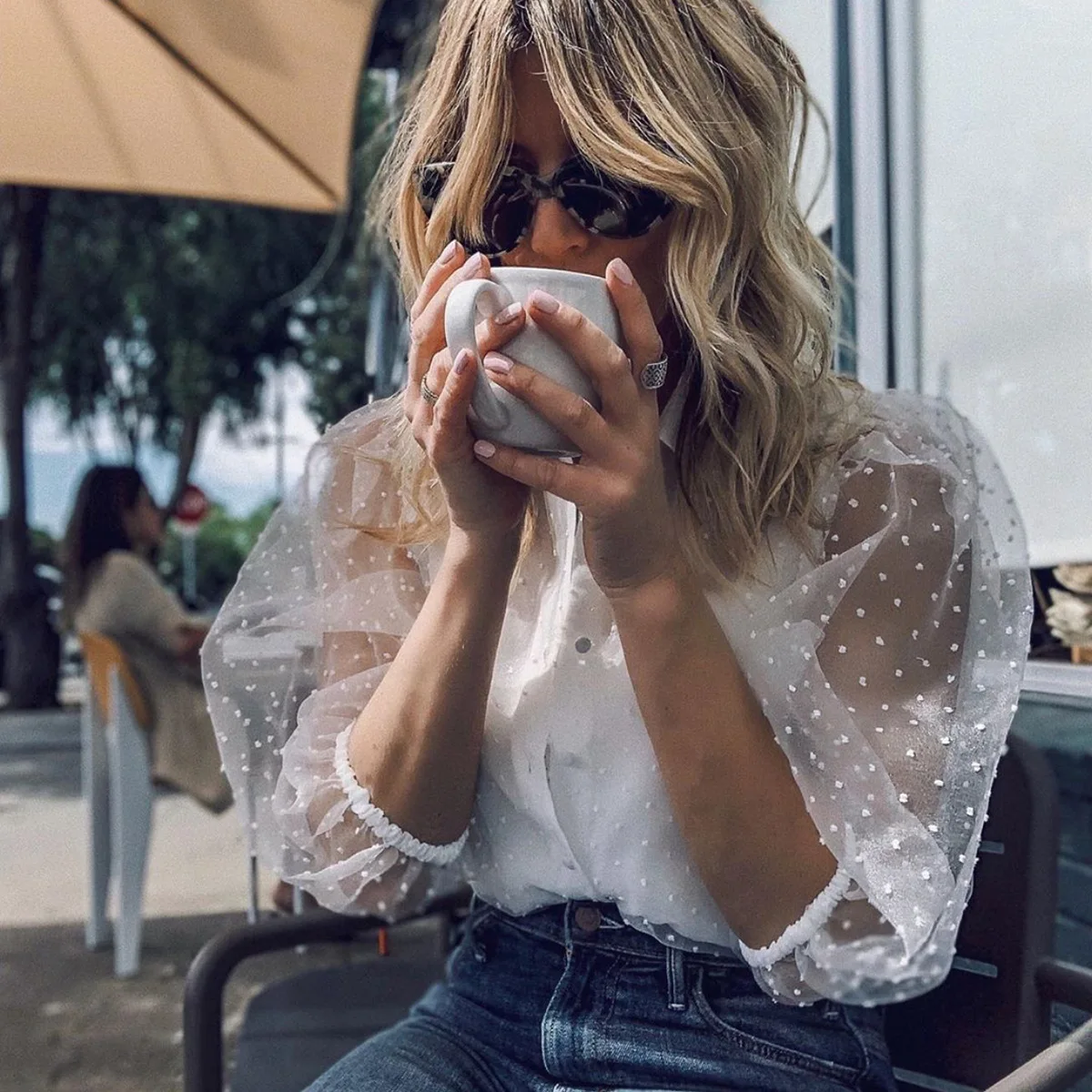 

Summer New Women See-through Mesh Polka Dot Puff Sleeves Blouse Top Shirts Transparent Lace Tops Casual Female Cover Ups