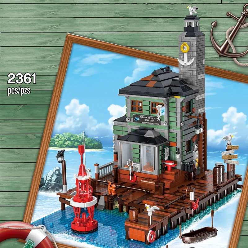 

MOC Creator Creative Street View Series Old Fishing Diving Shop Idea Building 2361pcs Blocks Bricks Model Toy for kids Gifts