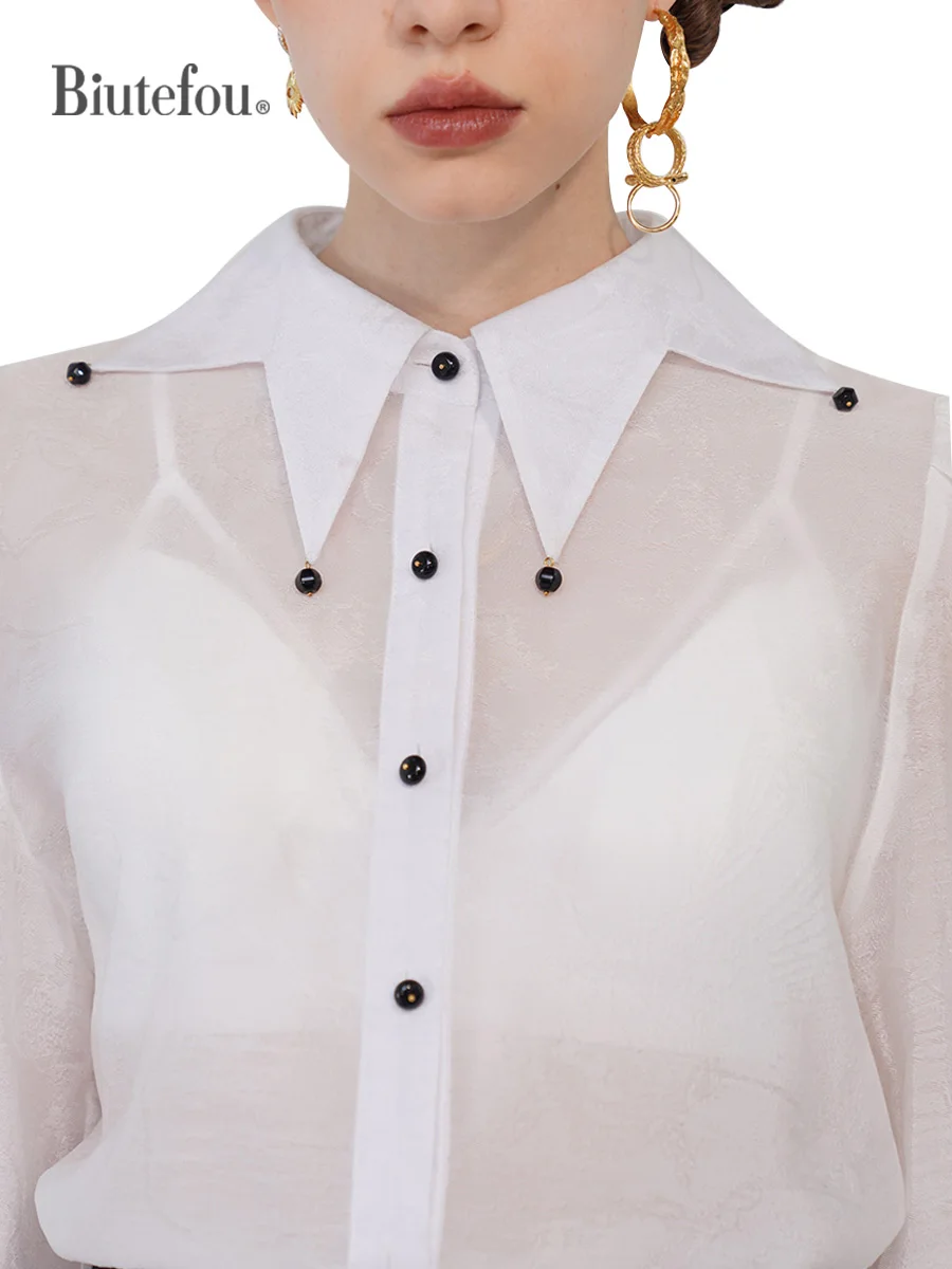 【Biutefou】Original Design 2023 Spring and Autumn Women Romantic Stars Collar Perspective Shirt