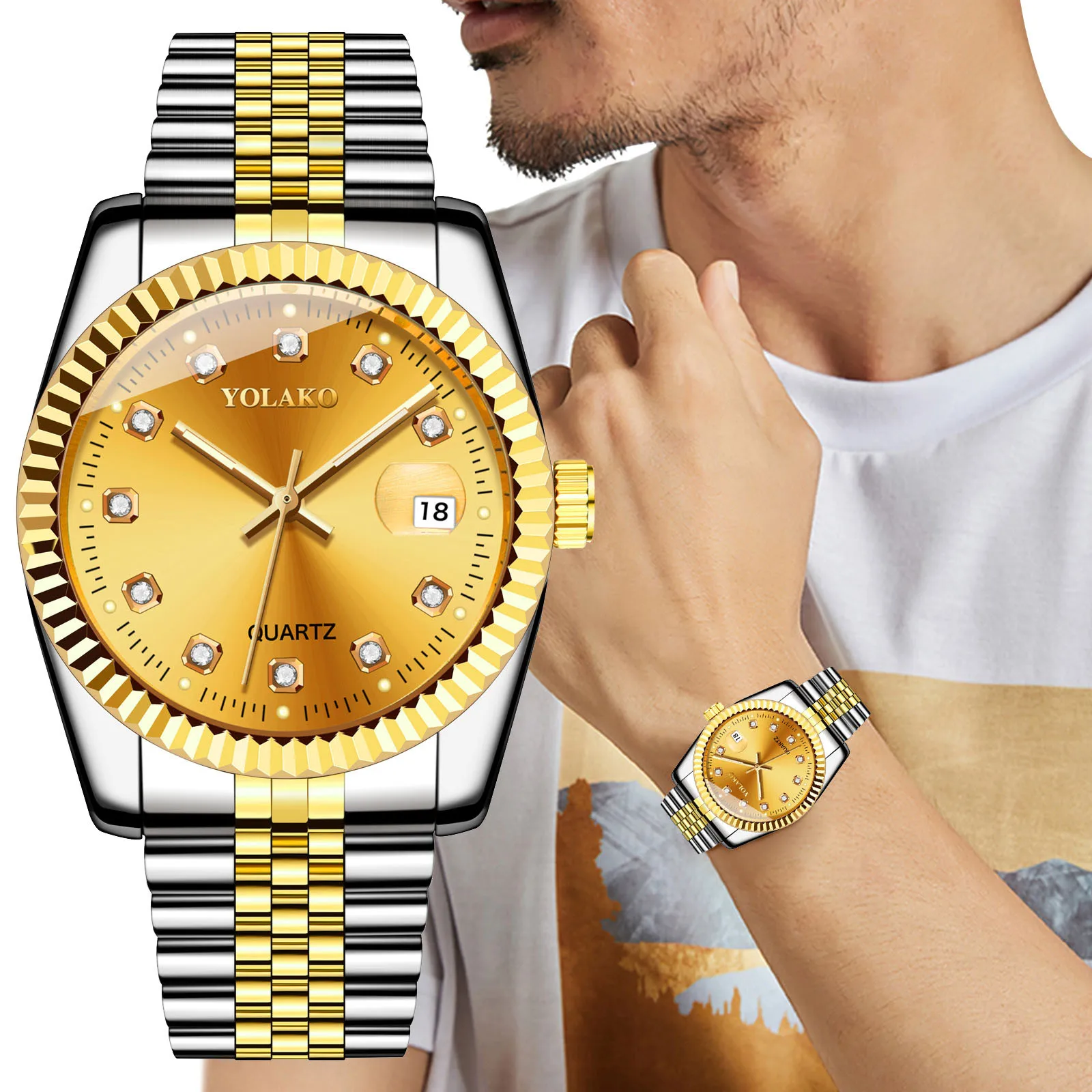 

2021 Модные мужские повседневные кварцевые часы YOLAKO с ремешком из нержавеющей стали аналоговые часы 2021 новые модные классические часы для му...