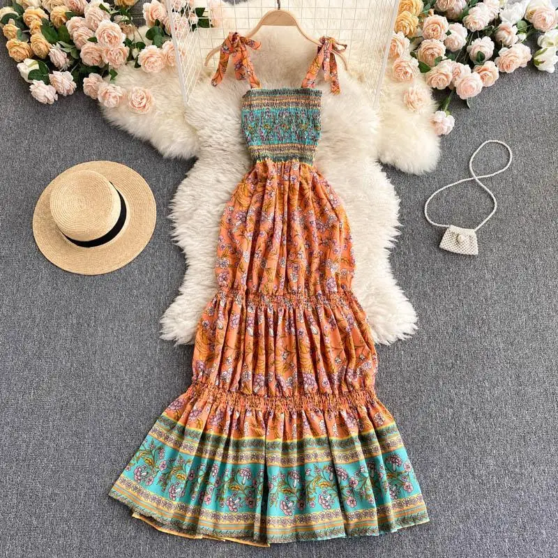 

Женское повседневное праздничное длинное платье на бретельках, уличная одежда, пляжное платье без рукавов, женский сарафан с цветочным при...