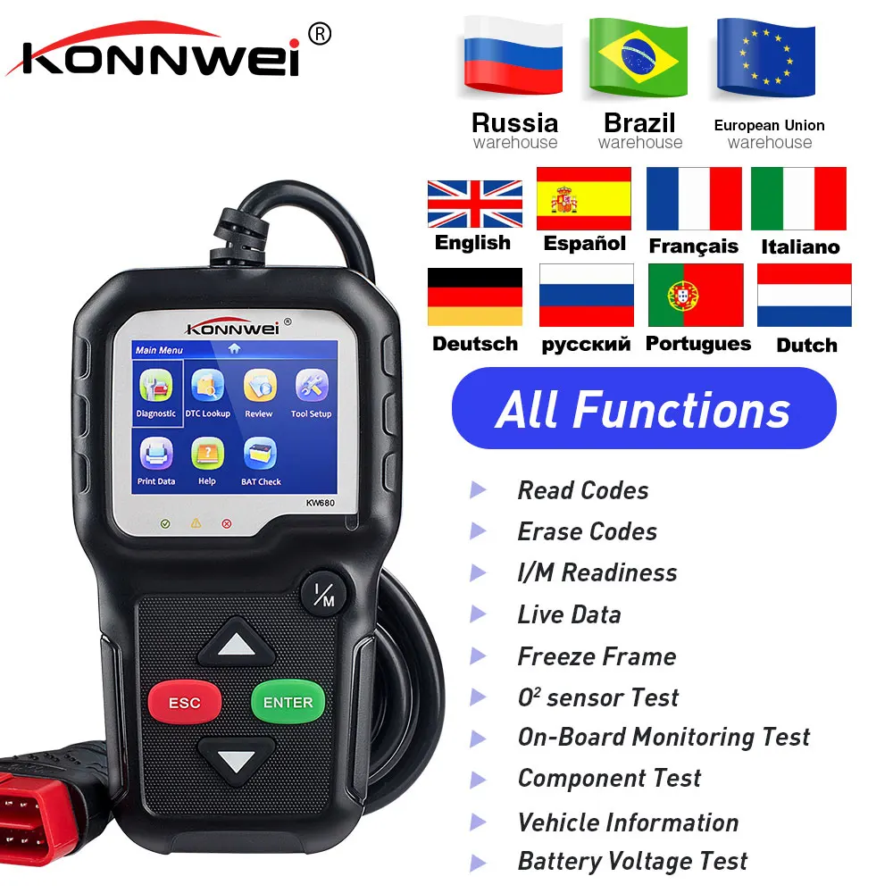 KONNWEI KW680 по каналам OBDII/EOBD (система бортовой диагностики мульти-Язык он-лайн