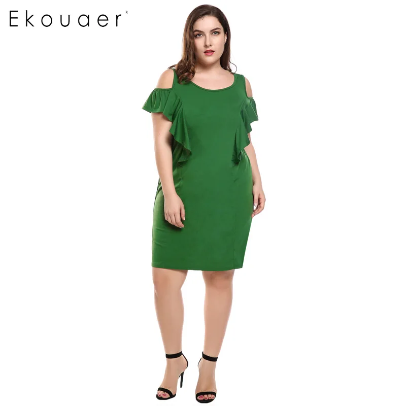 Ekouaer Summer Dreesses Women Plus Size Cold Shoulder Ruffles Sleeve Solid Shift Knee Length Dress L-4XL Sizes | Женская одежда