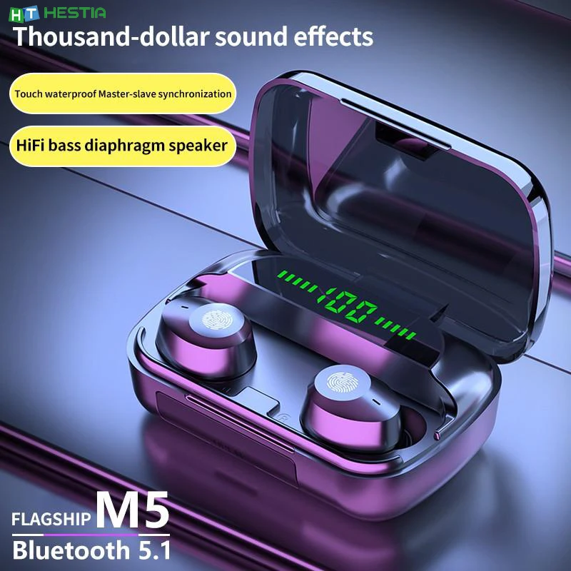 

M5 TWS Bluetooth 5.1 Triple Digital Display Fingerprint Touch Bluetooth Headset Emergency Charging Fone De Ouvido Auriculares
