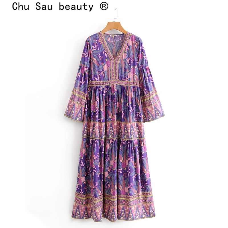 Женское платье макси Chu Sau beauty винтажное пляжное с цветочным принтом и