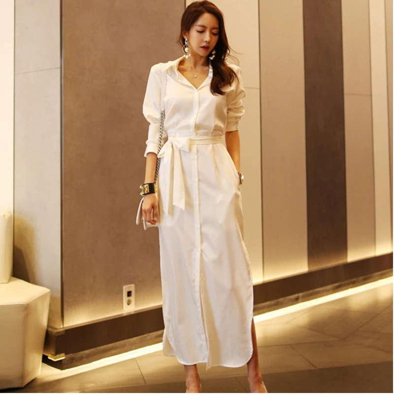 Платье женское с высоким разрезом офисное длинное белое рубашка длинным рукавом