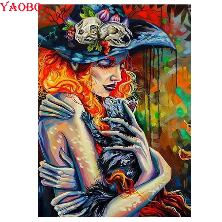 

Хэллоуин ведьма череп фантазия искусство Алмазная Вышивка Кот своими руками алмазная живопись мозаика вышивка крестиком современная семе...