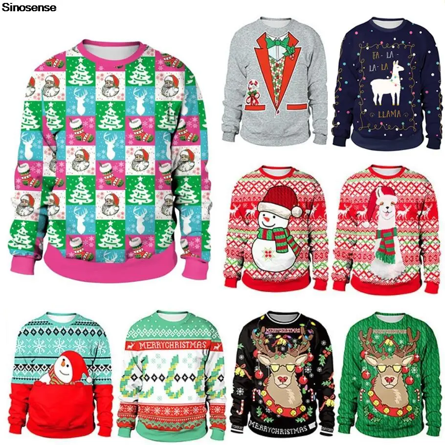 

Men Women Ugly Christmas Sweater Couple Xmas Jumper Tops 3D Christmas Tree Sock Santa Reindeer Printed Funny Holiday Sweatshirt