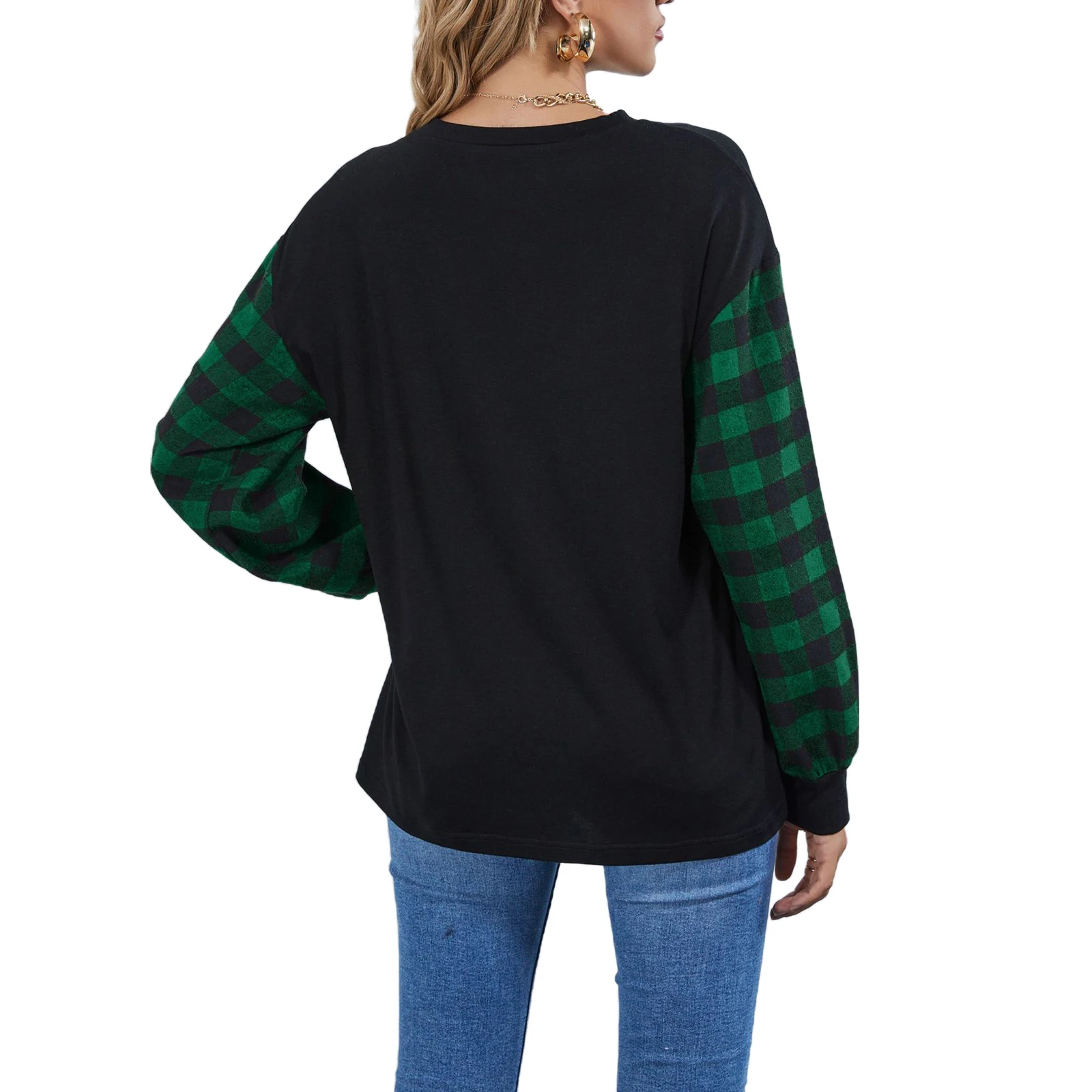 

Women Christmas Plaid T-shirt, Autumn and Winter Adults Long Sleeve Round Neck Pullover