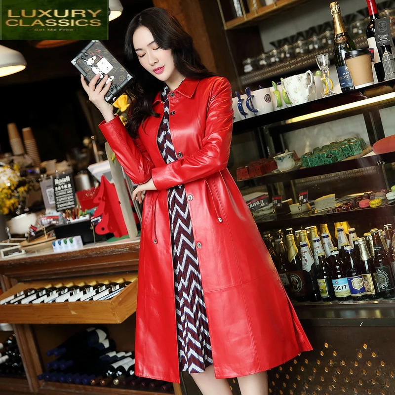 Женское длинное пальто из овчины облегающий тренчкот натуральной кожи модель