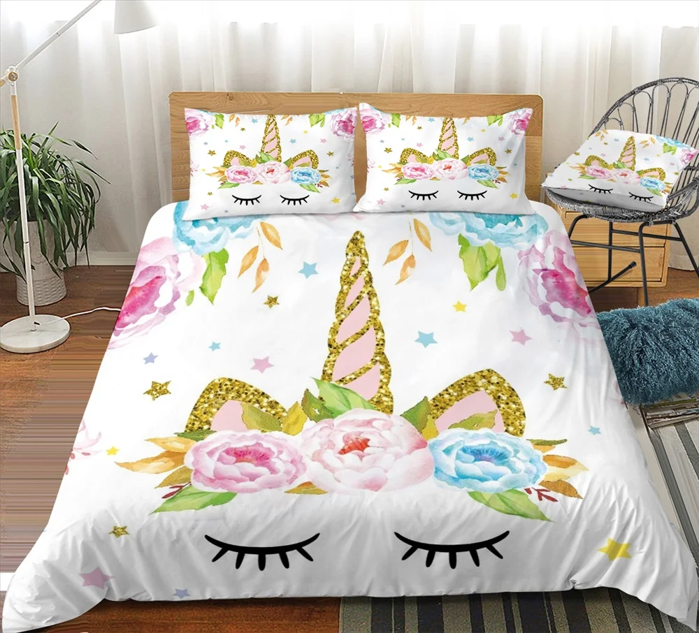 

Kawaii постельное белье с изображением единорога девочки розовый класса люкс пододеяльник постельное белье Король, королева twin одеяло компле...