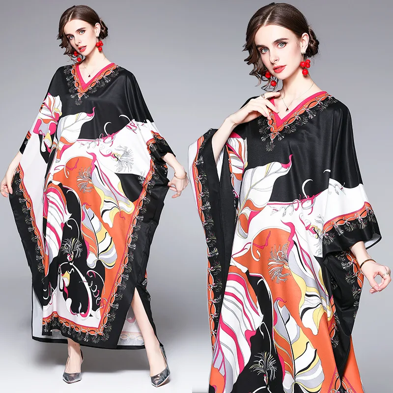 

Gezelligheid Dresses For Women 2021 New Fashion Elegant Exotic Party Retro Print V-Neck Bat Sleeves Long Black Loose Maxi Dress