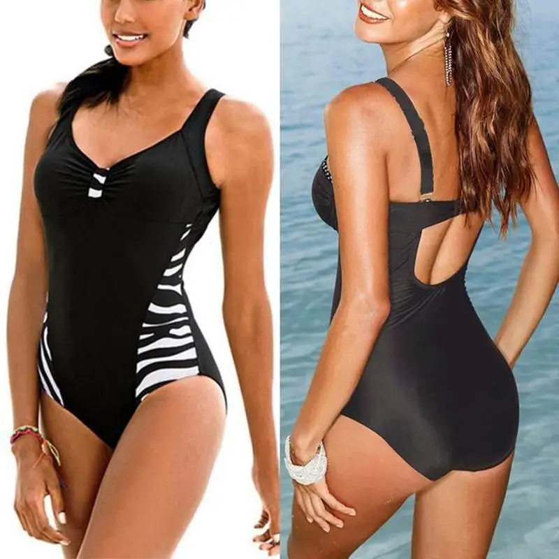 

Women 2021 Summer Ladies Plain Print Swimsuit V Neck Sexy Striped Patchwork One Piece Pad Swimwear Bathing Suit Lady Beachwear