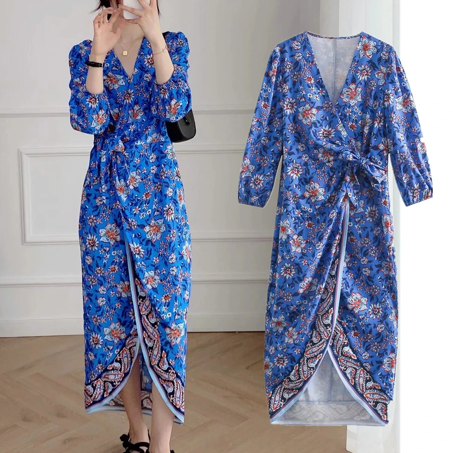 

Elmsk Indie Folk Fashion Dress Women Vestidos Summer Midi Enlgand Style Vintage Floral Printing Holiday Beach Dress Women Top
