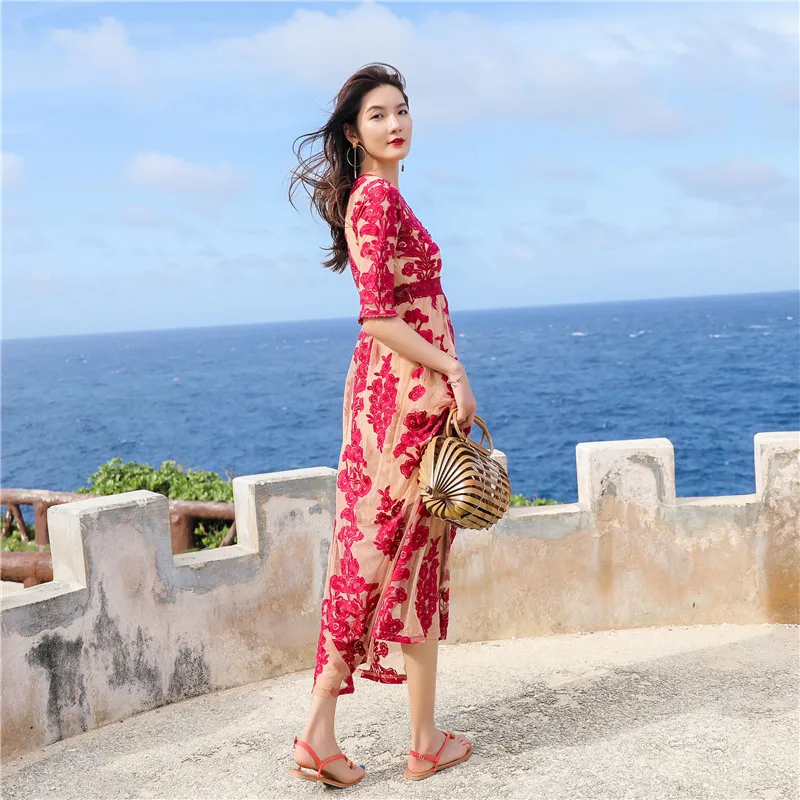 

Summer Holiday Embroidery V-neck Long Party Dress Women Girls Seaside Dress Wine Red Color High Quality Beach Style Ladies Dress