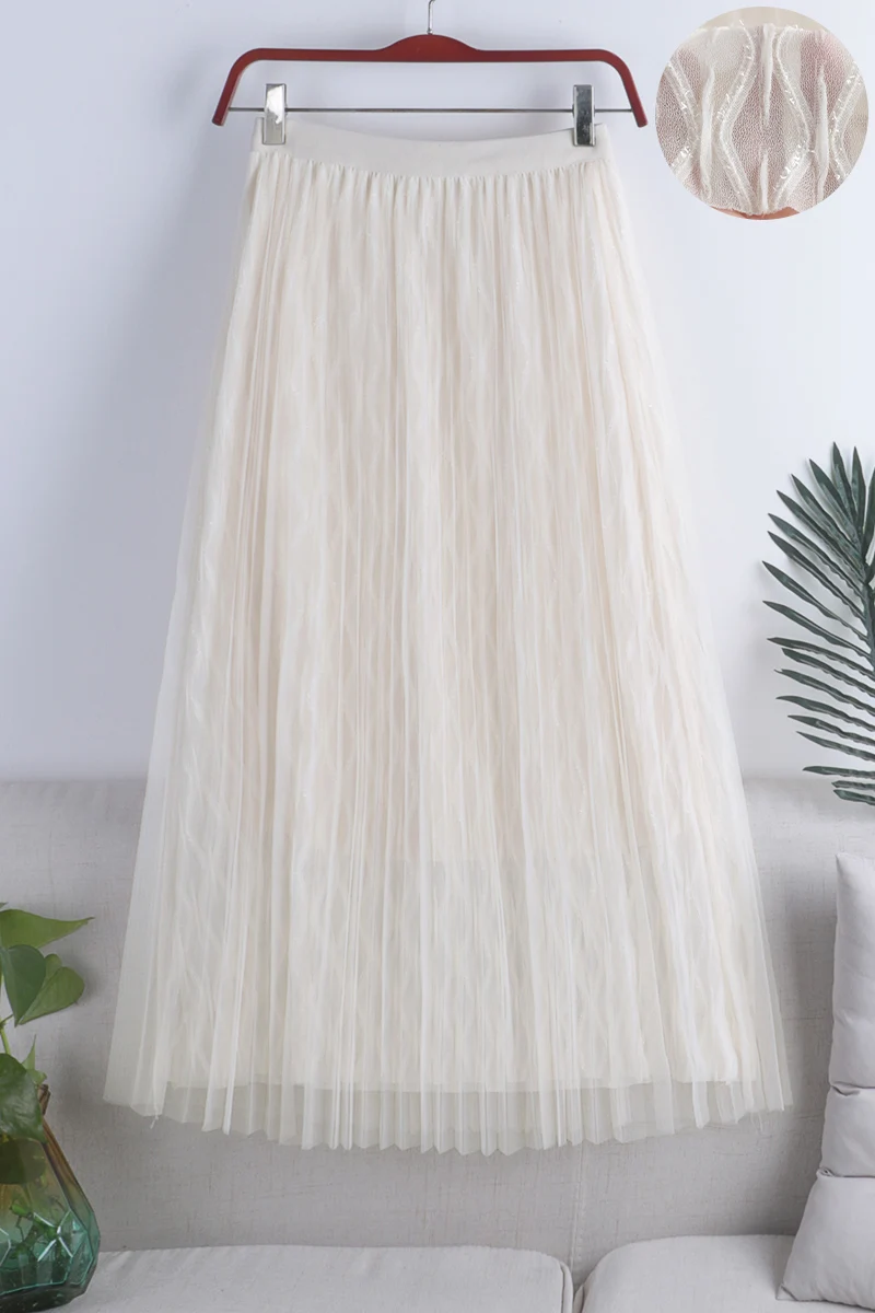 

Pure Color A-Line Mid-Length Skirt Spring The New Large-Length Skirt Thin Folds Glittering Double-Layer Mesh Skirt 800