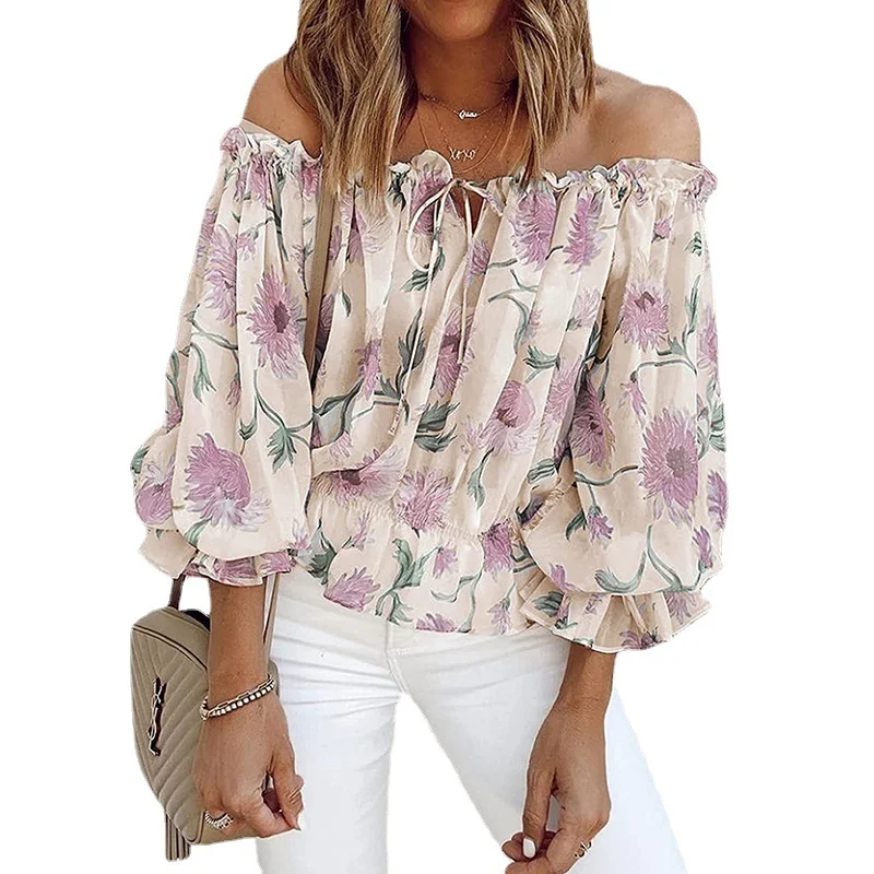

Women Off Shoulder Tops Fashion Puff Sleeve Slash Neck Ruffles Blouse Female Summer Oversize Floral Print Shirts Blusas G2863
