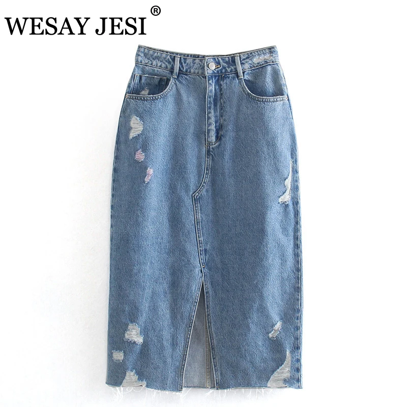 

WESAY JESI High Waist Denim Skirt 2021 Summer Skirt Hole Slim Zipper Split Retro Fashion Temperament Daily Wearing Long Skirt