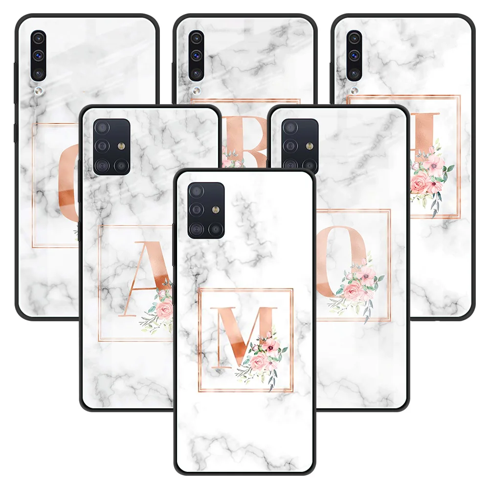 

Glass Phone Case For Samsung Galaxy A51 A50 A71 A52 A70 A21s A72 A31 M31 M51 A30 A10 Tempered Back Capa White Marble Letter