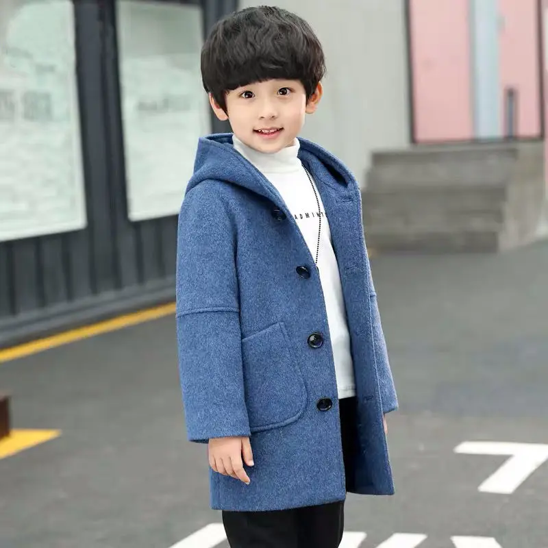 

Boys Woolen Coat Blue Kids Winter Snowsuit Clothing New Medium Teenager 4-14t Children Wool Blends Boy Velvet Thick Wool Blends