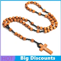 handmade 3 colors prayer religious jewelry christian punk wooden oval wooden rosary bead necklace cross pendant necklace