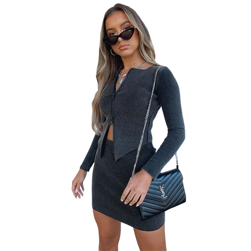

Ladies Breathable Knitting Clothes Suit New Women Fashionable Solid Color Zipper Long Sleeve Top + High Waist Hip Skirt Set