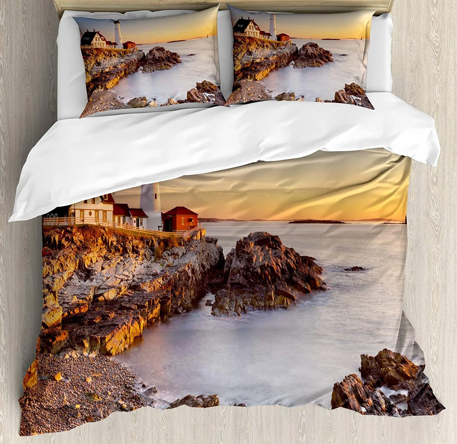 

United States Bedding Set Cape Elizabeth Maine River Portland Lighthouse Sunrise USA Coast Scenery Duvet Cover Pillowcase