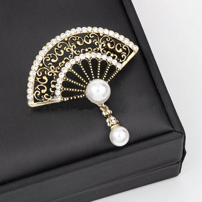 Новинка ретро Хрустальная брошь в виде веера жемчужная кисточка булавка на