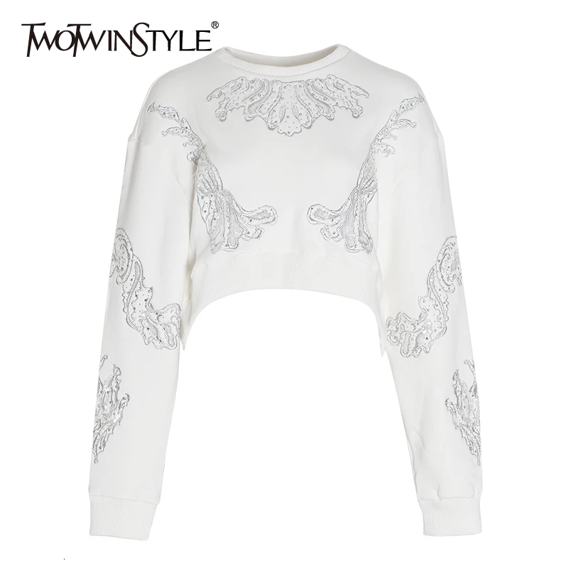 TWOTWINSTYLE уличная Женская толстовка с вышивкой и круглым вырезом, с длинным рукавом, в стиле пэчворк, со стразами, женские свитшоты, Новинка осени