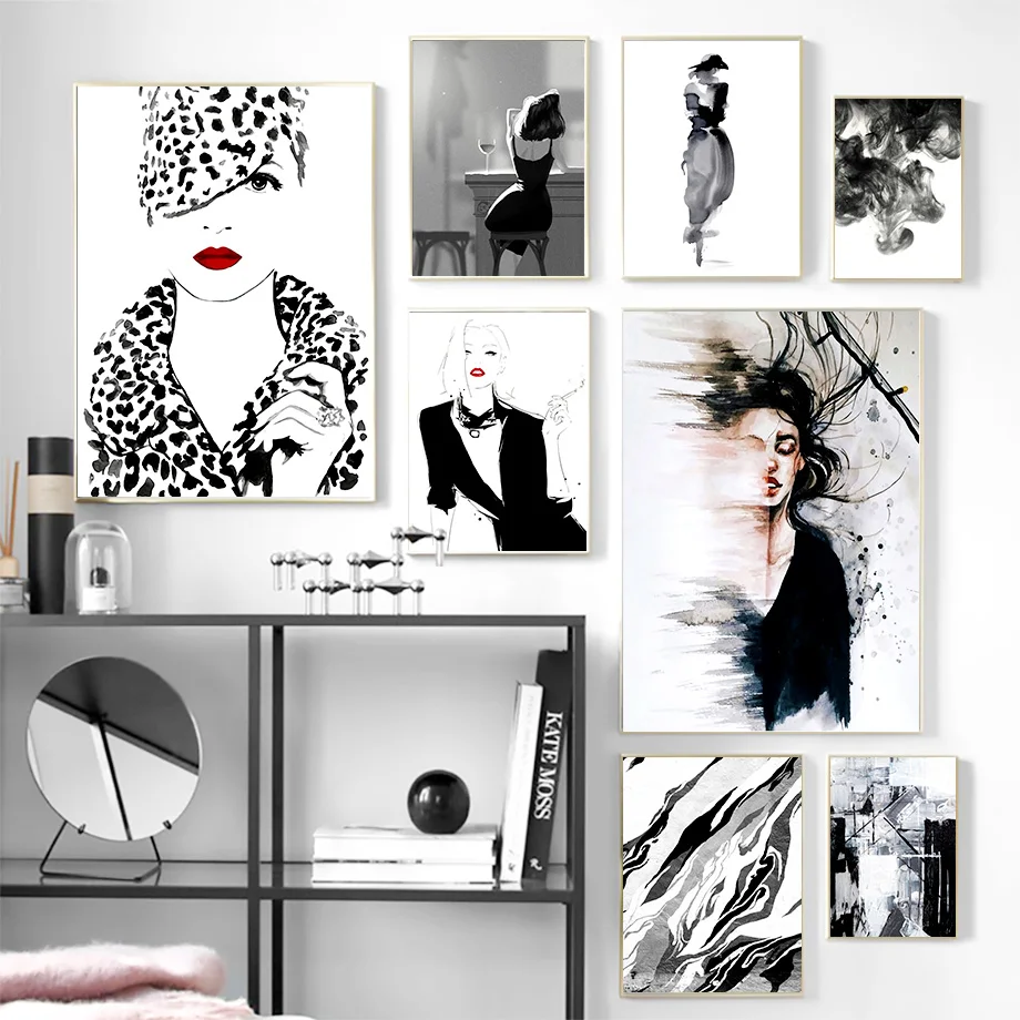 

Черно-белые художественные картины, модные женские холщовые постеры, абстрактная живопись, красные губы, настенные картины для украшения г...